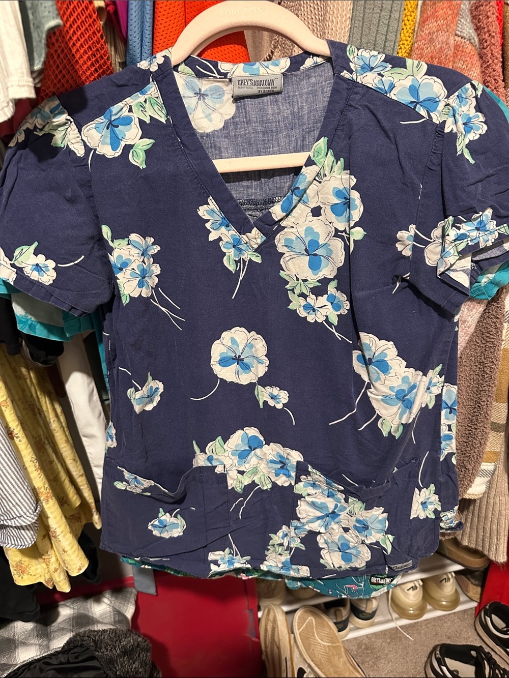 Grey's Anatomy Navy Blue Floral V-Neck Scrub Top